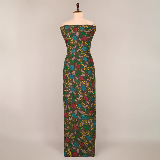 Charcoal Assam Kalamkari Jaal Hand Printed Fabric