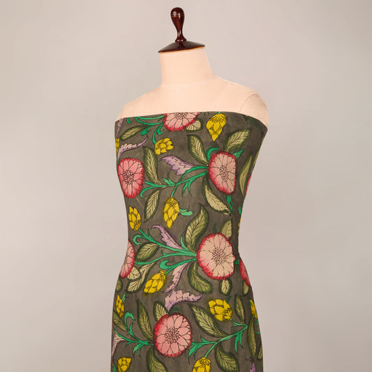 Black Assam Kalamkari Jaal Hand Printed Fabric