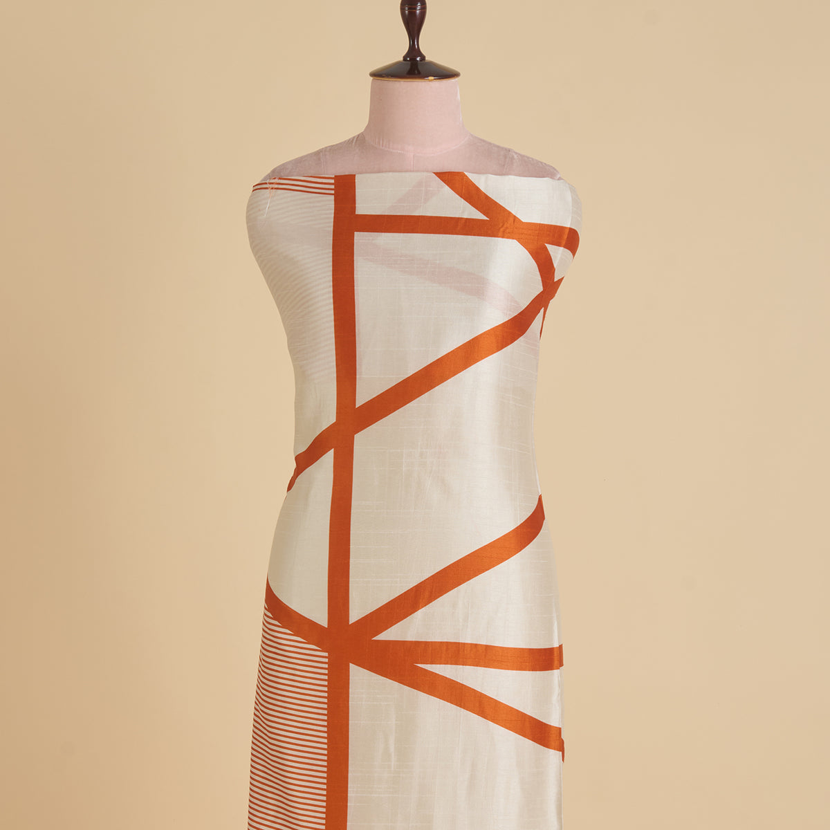 Cream Orange Dupion Silk Abstract Print Fabric