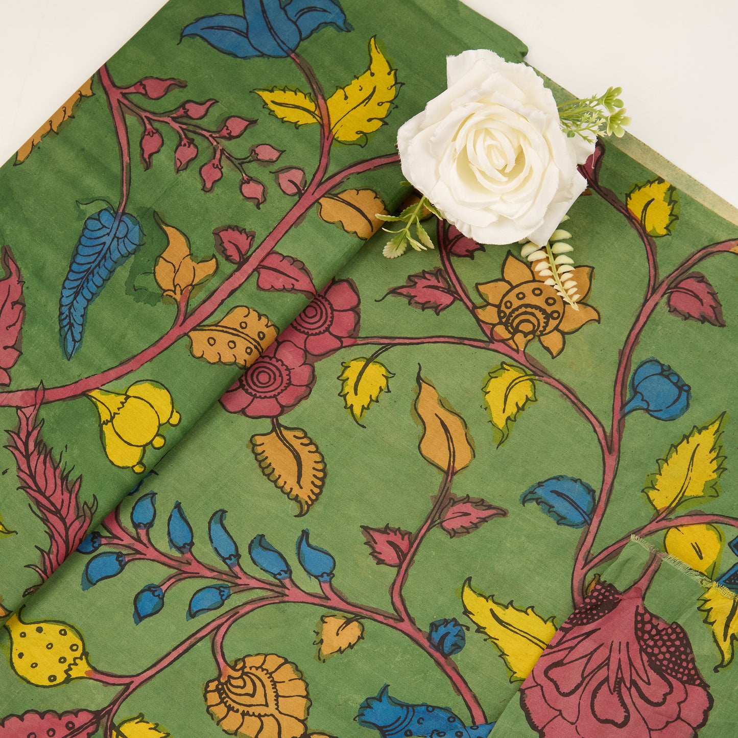 Assam Kalamkari Jaal Hand Printed Fabric In Green