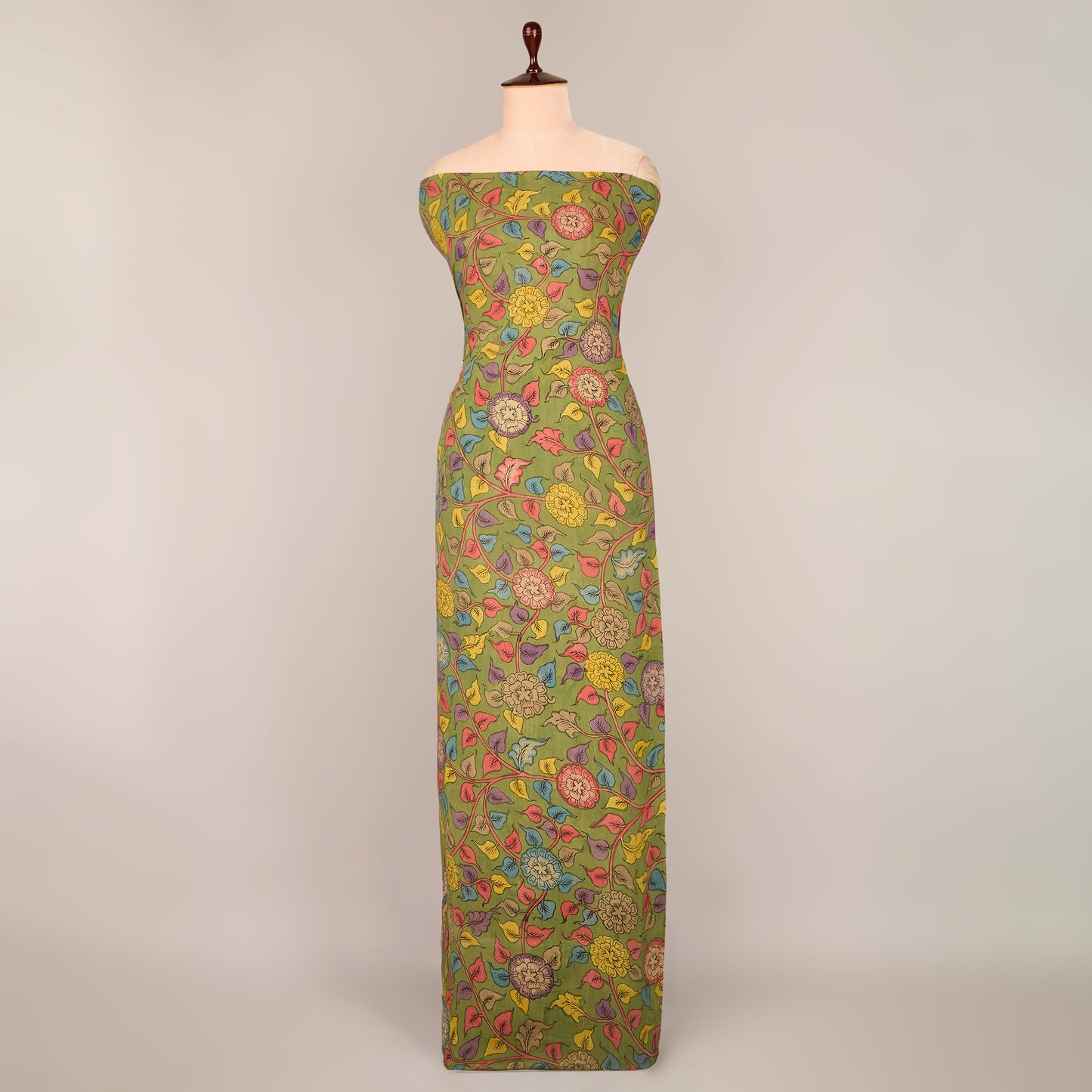 Assam Kalamkari Jaal Hand Printed Fabric In Parrot Green