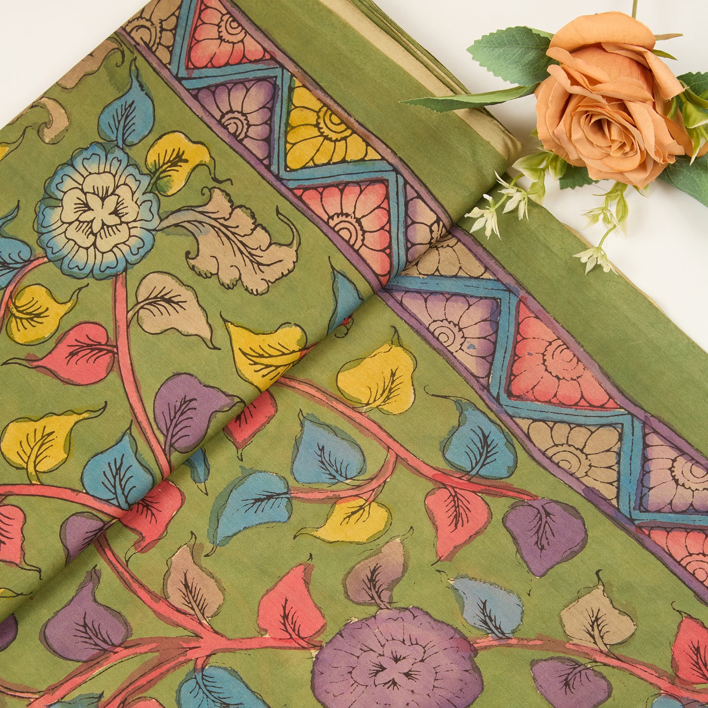 Assam Kalamkari Jaal Hand Printed Fabric In Parrot Green