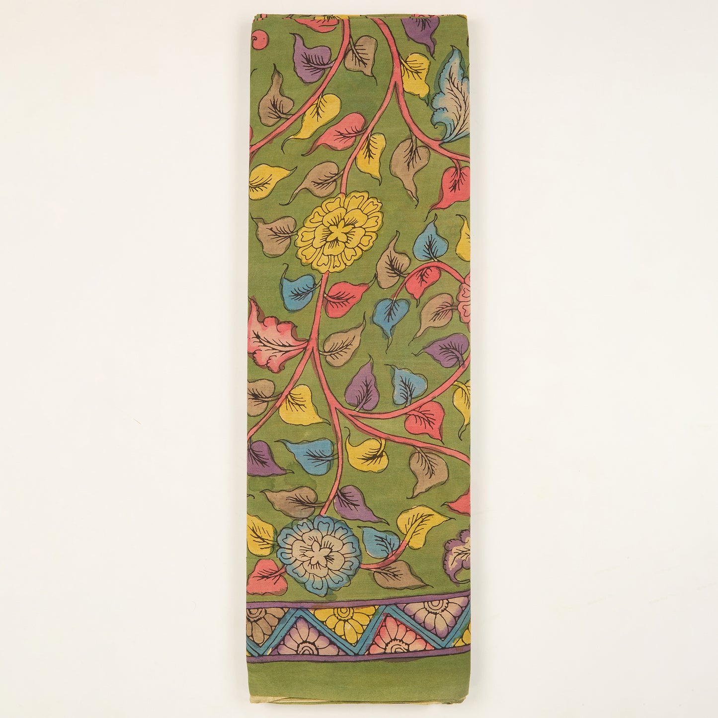 Assam Kalamkari Jaal Hand Printed Fabric In Parrot Green