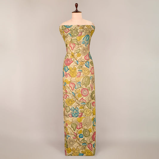 Assam Kalamkari Jaal Hand Printed Fabric In Cream