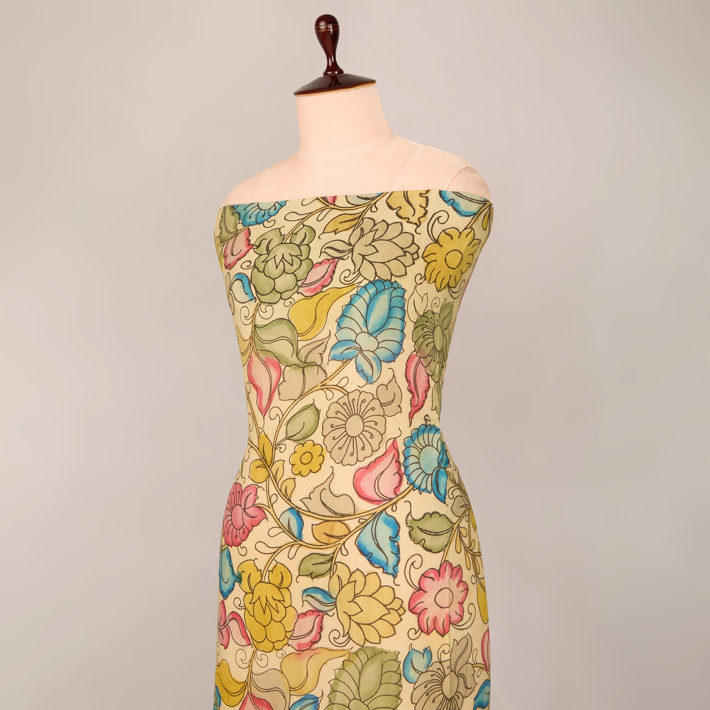 Assam Kalamkari Jaal Hand Printed Fabric In Cream