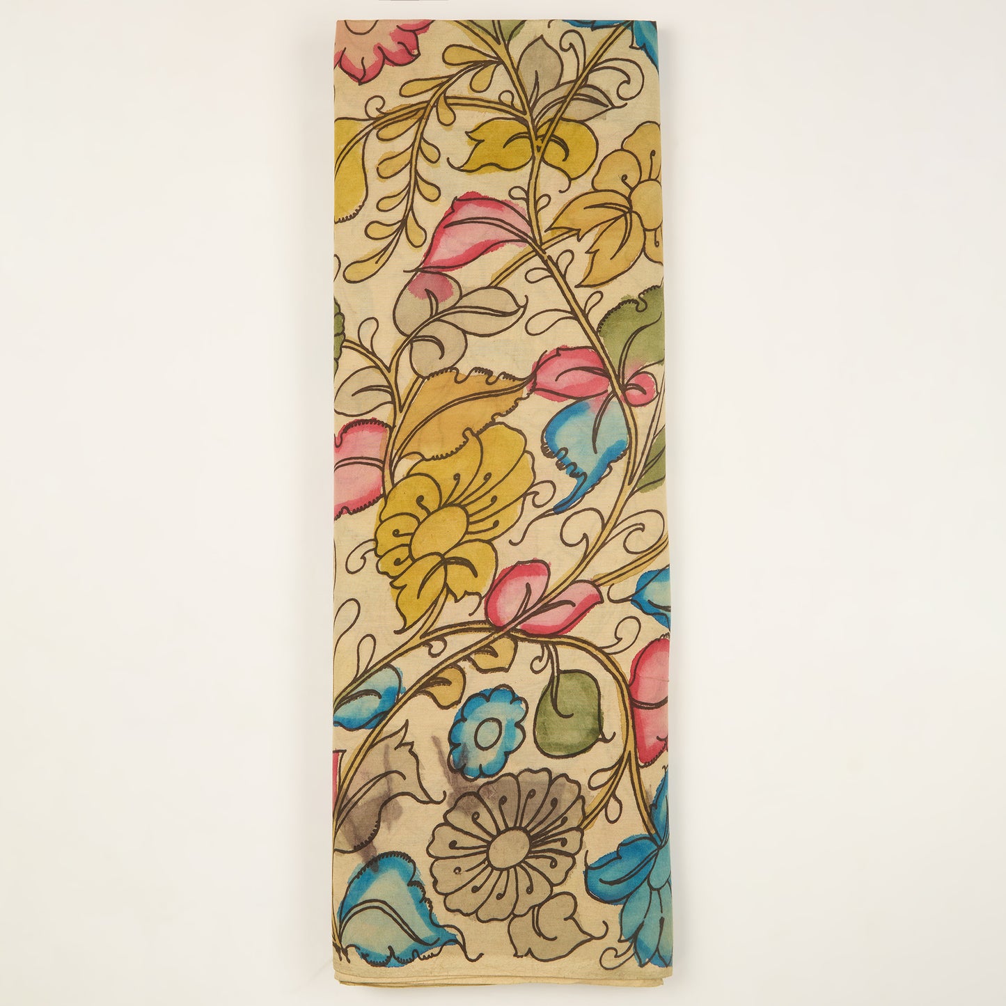 Assam Kalamkari Jaal Hand Printed Fabric In Cream