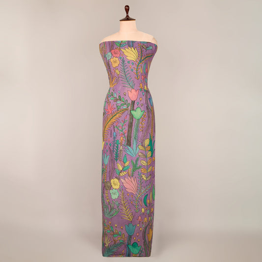 Assam Kalamkari Jaal Hand Printed Fabric In Lilac