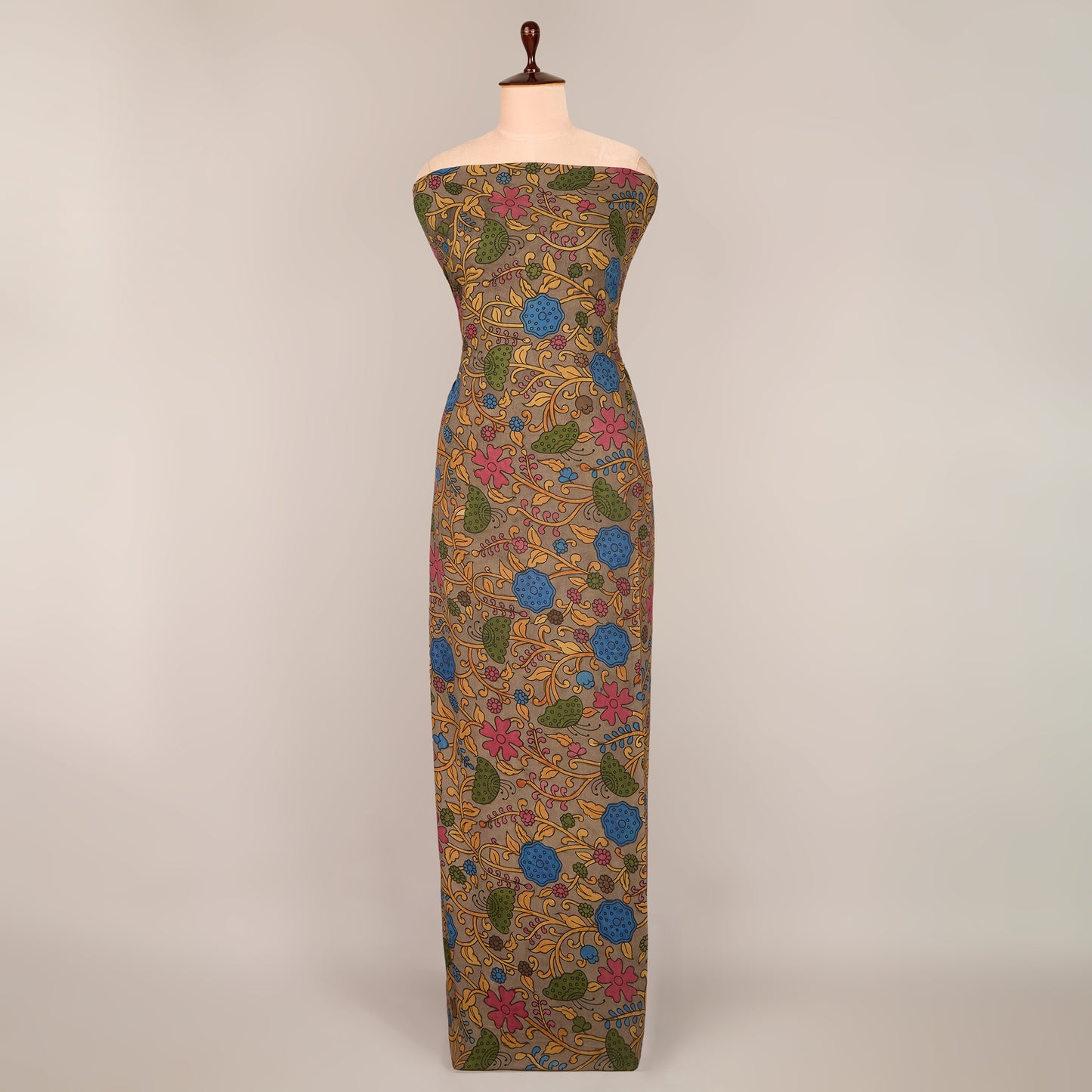 Assam Kalamkari Jaal Hand Printed Fabric In Light Grey