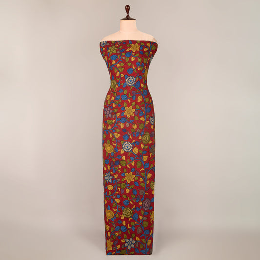 Assam Kalamkari Jaal Hand Printed Fabric In Maroon