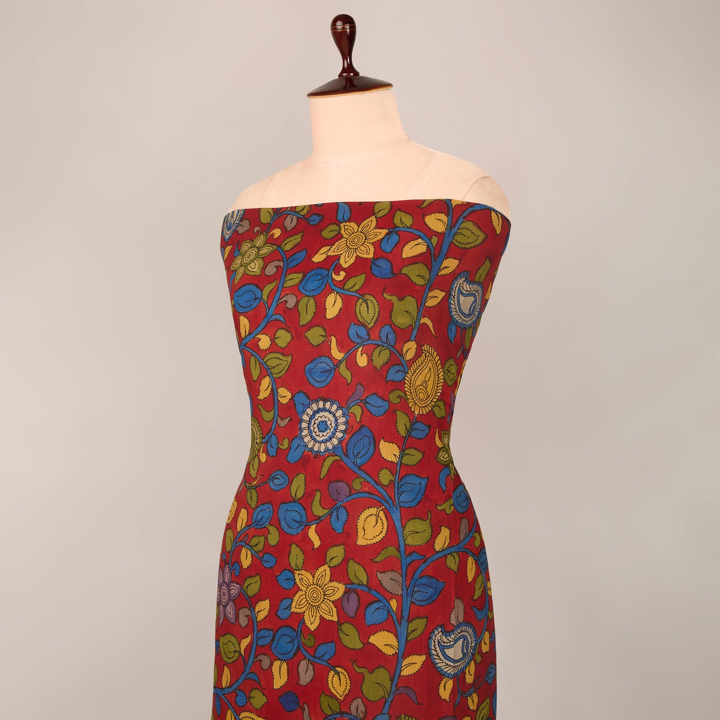 Assam Kalamkari Jaal Hand Printed Fabric In Maroon