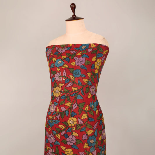 Assam Kalamkari Jaal Hand Printed Fabric In Red