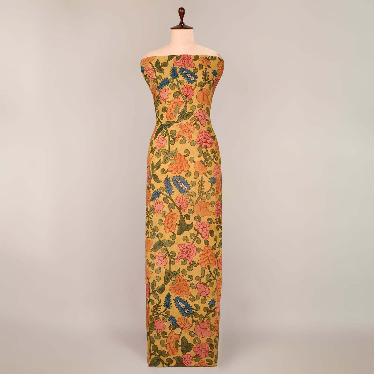 Assam Kalamkari Jaal Hand Printed Fabric In Ochre Yellow