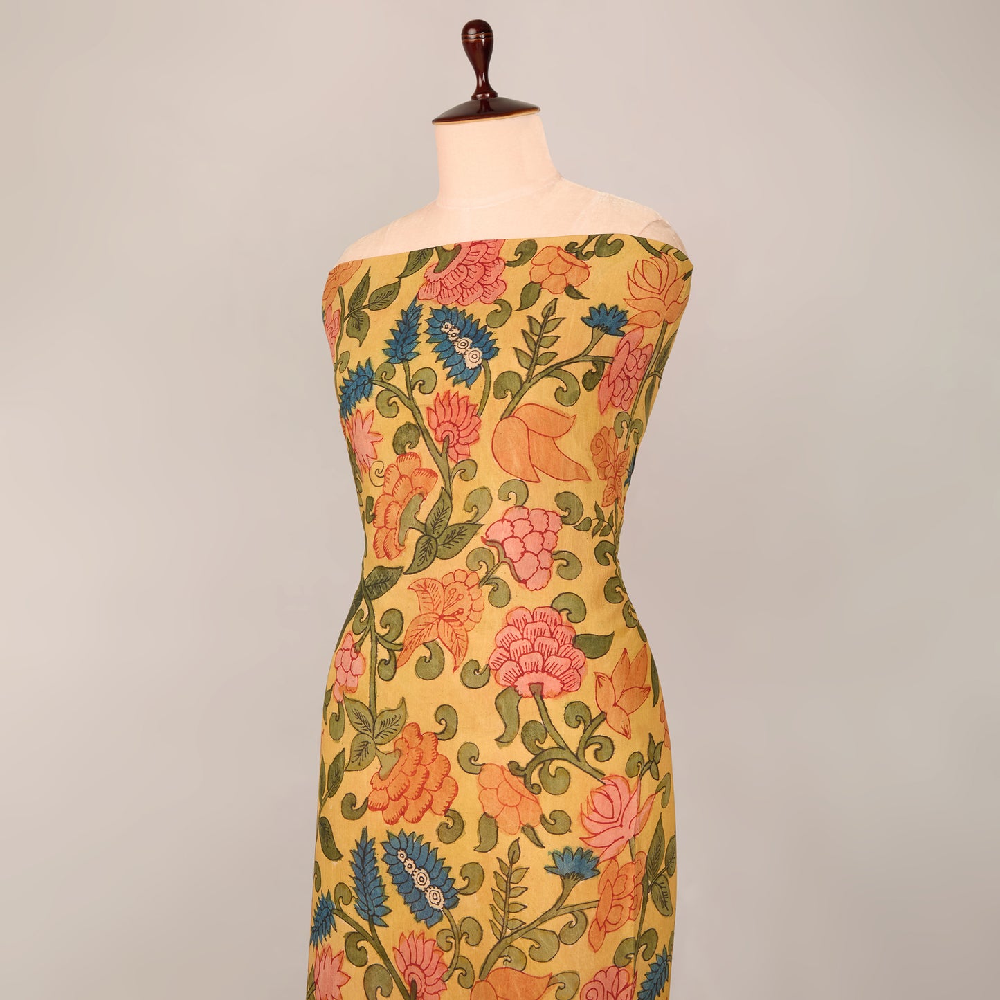 Assam Kalamkari Jaal Hand Printed Fabric In Ochre Yellow