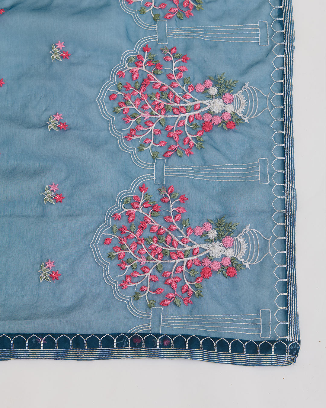 Teal Blue Art Organza Multi Resham Motif Dupatta