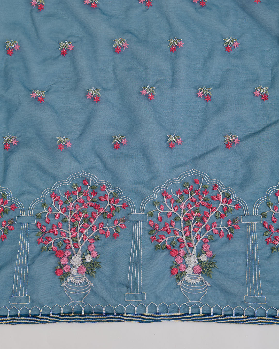 Teal Blue Art Organza Multi Resham Motif Dupatta