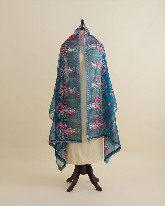 Teal Blue Art Organza Multi Resham Motif Dupatta