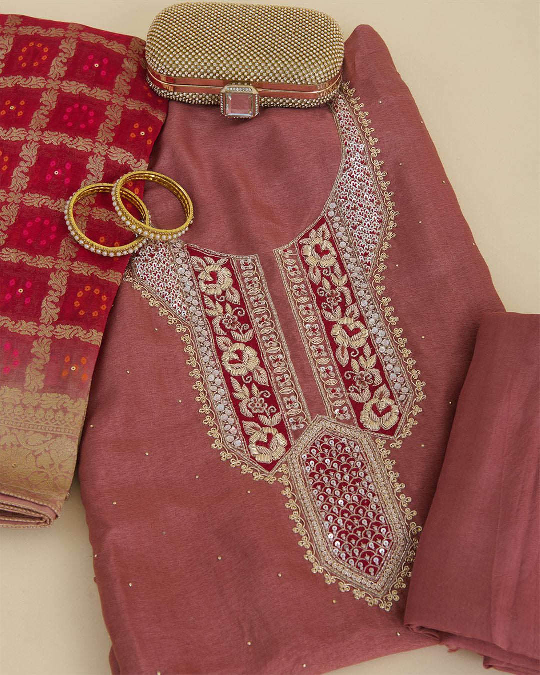 Art Dupion Suit with Zardozi, Sequin & Cutdana Work and Organza Dupatta Marsala