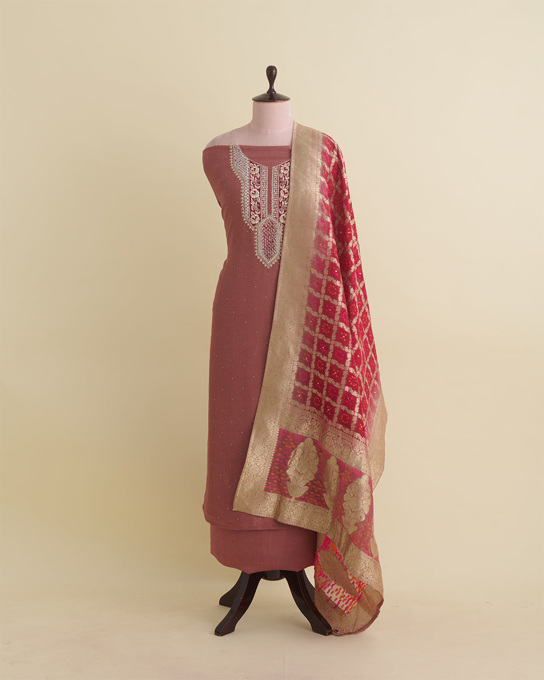 Art Dupion Suit with Zardozi, Sequin & Cutdana Work and Organza Dupatta Marsala