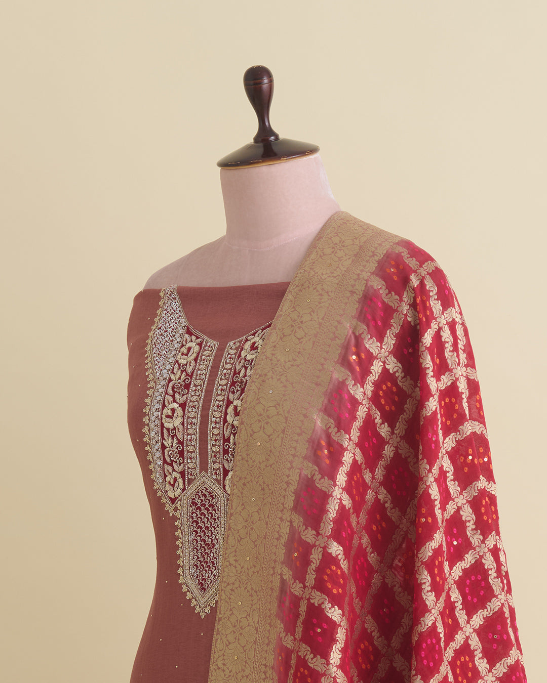 Art Dupion Suit with Zardozi, Sequin & Cutdana Work and Organza Dupatta Marsala