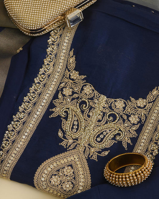 Navy Blue Art Dupion Kurta Set with Sequin, Dori & Pearl Embroidery
