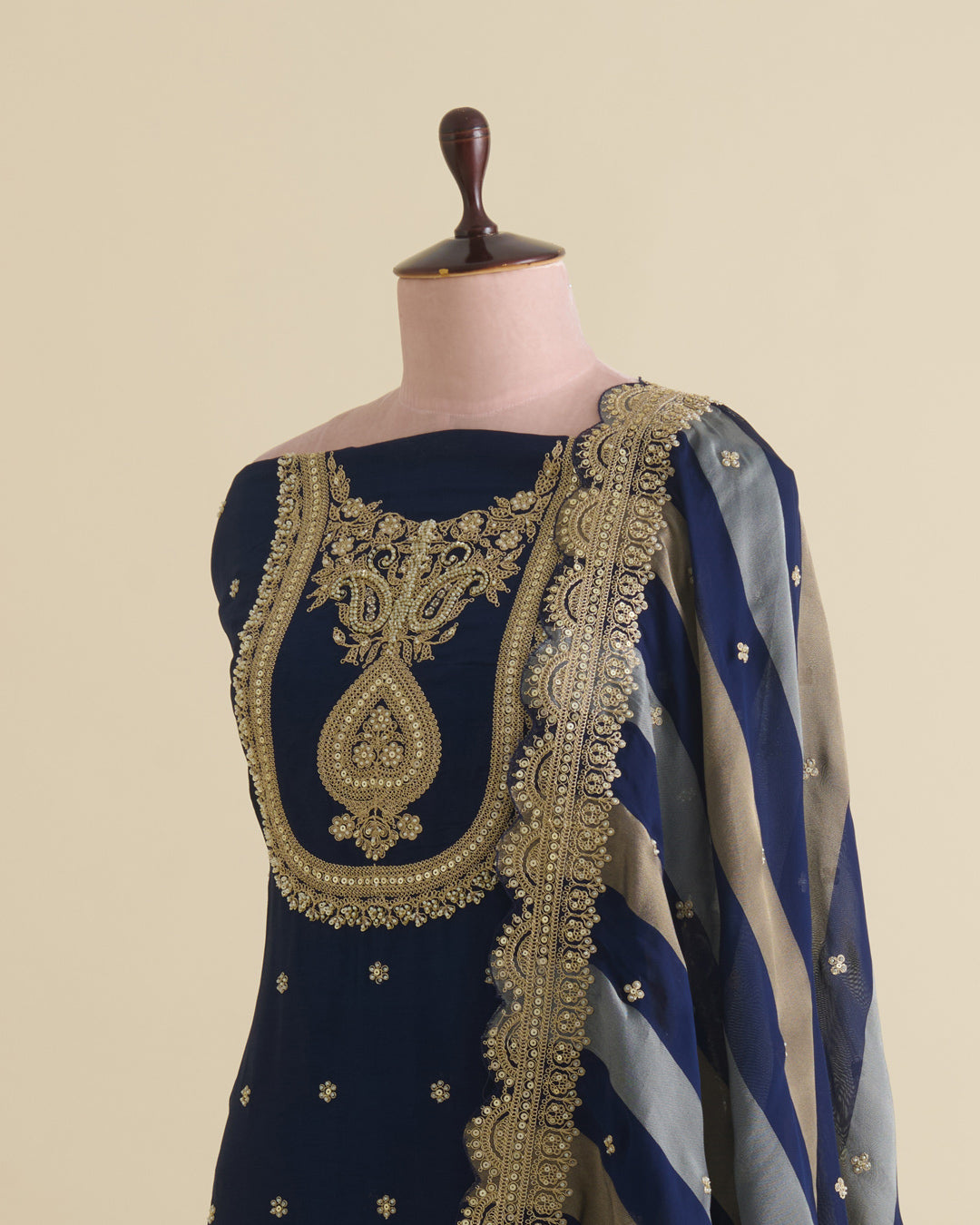 Navy Blue Art Dupion Kurta Set with Sequin, Dori & Pearl Embroidery