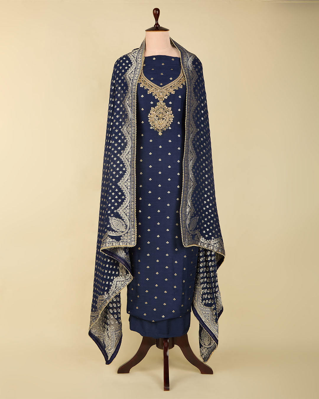 Navy Blue Art Dupion Kurta with Zardozi Embroidery and Georgette Dupatta