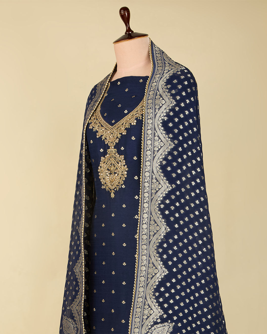 Navy Blue Art Dupion Kurta with Zardozi Work & Georgette Dupatta