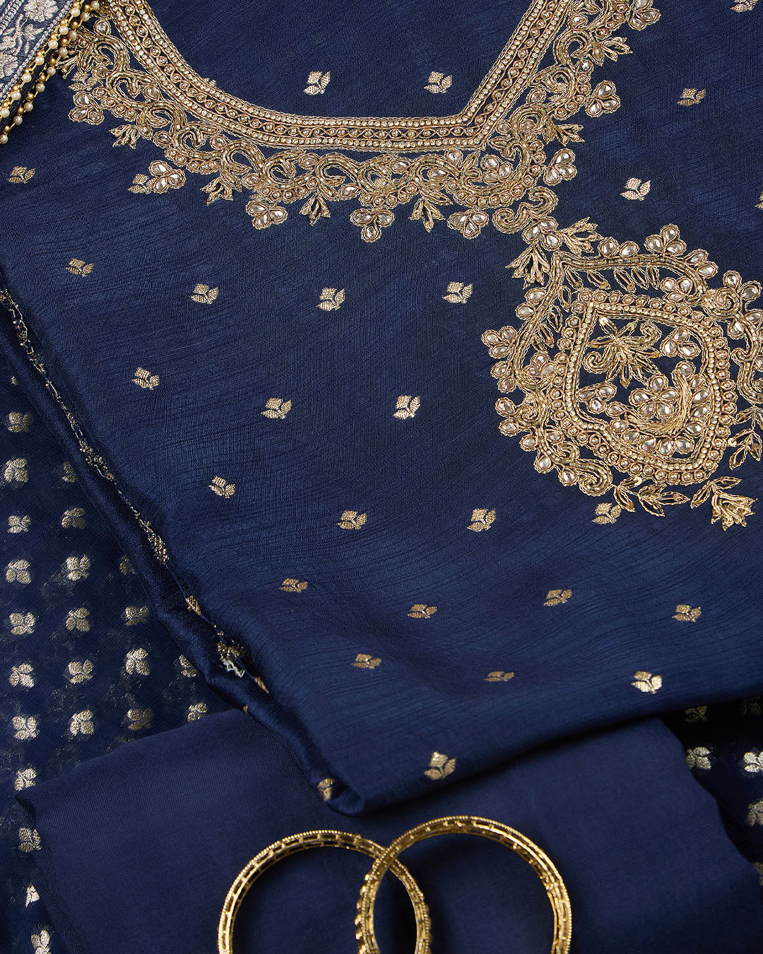 Navy Blue Art Dupion Kurta with Zardozi Work & Georgette Dupatta