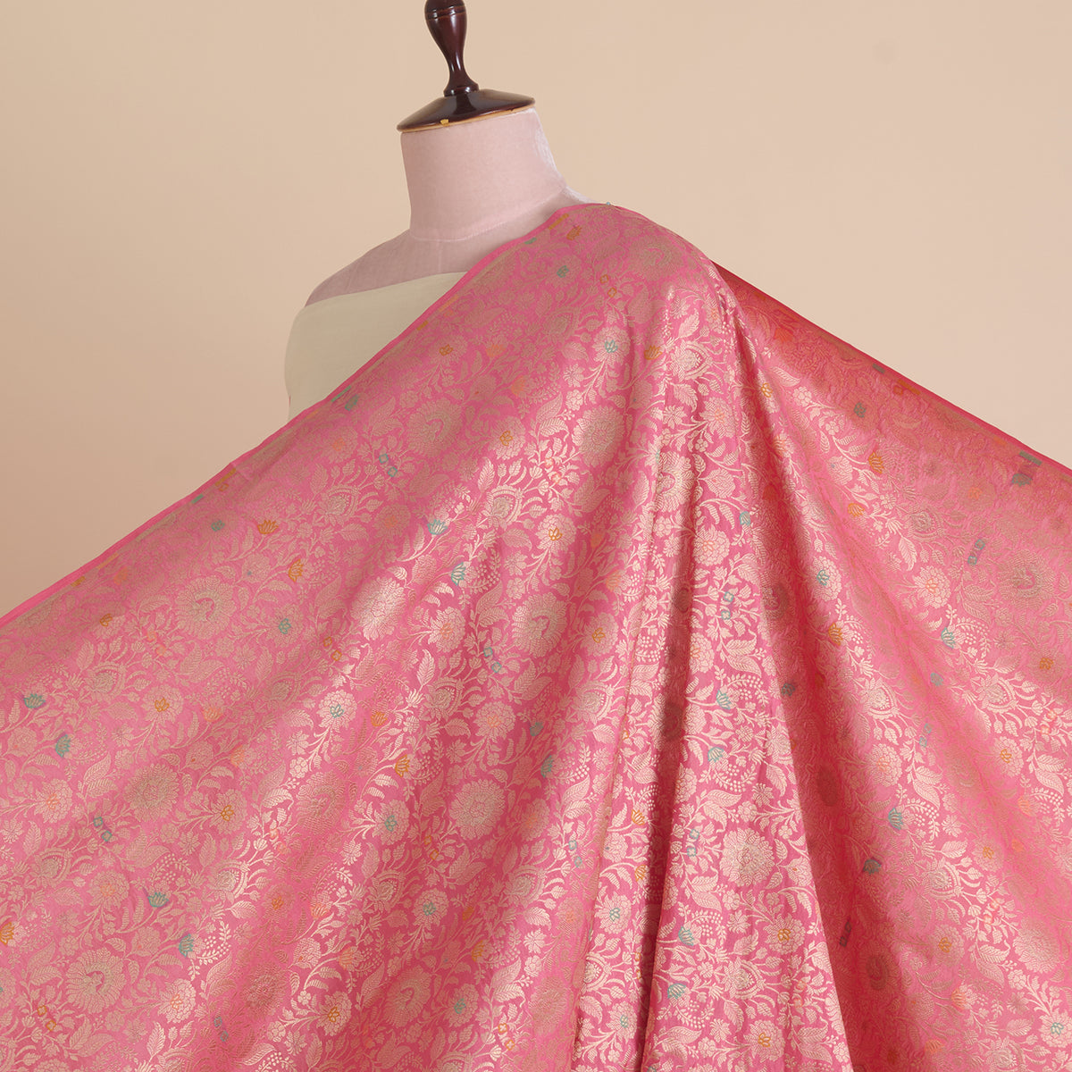 Coral Peach Brocade Jaal Mina Fabric