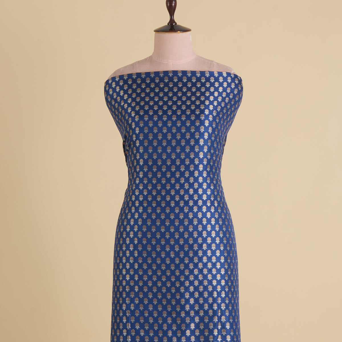 Navy Blue Brocade Gold & Silver Butti Fabric