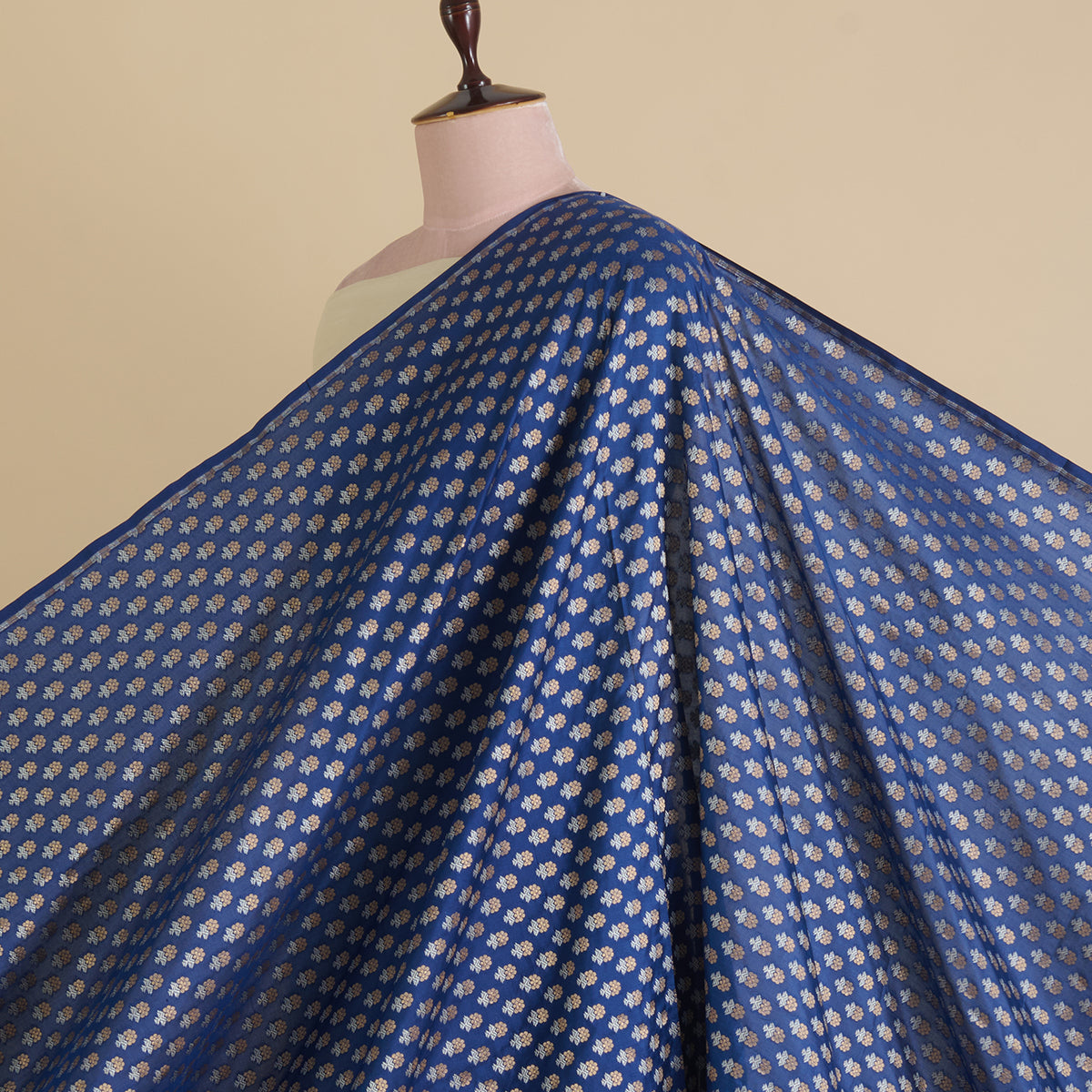 Navy Blue Brocade Gold & Silver Butti Fabric