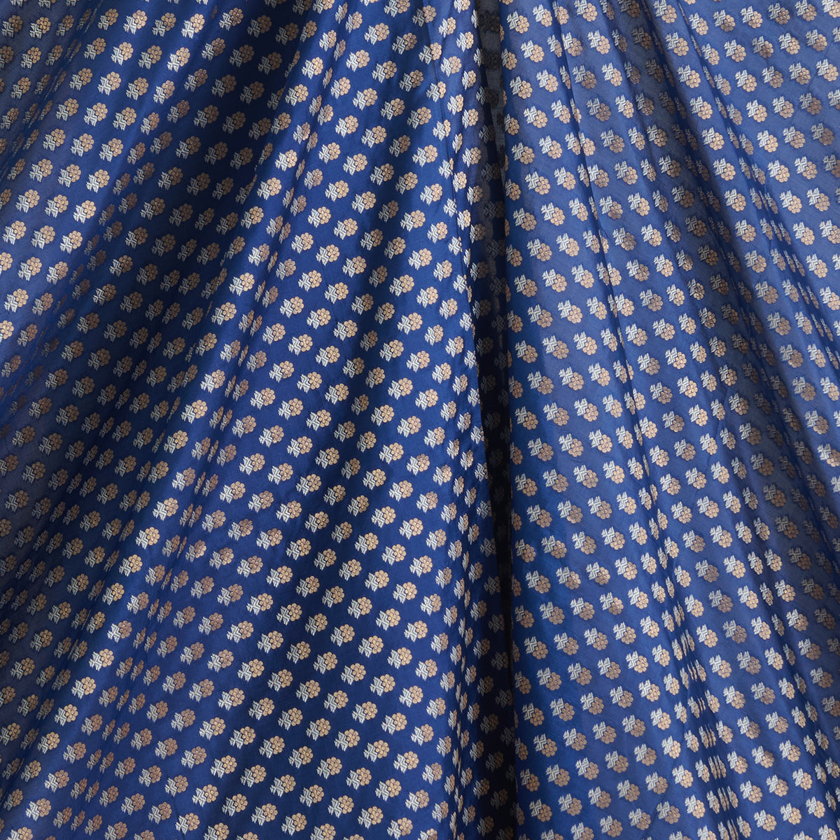 Navy Blue Brocade Gold & Silver Butti Fabric