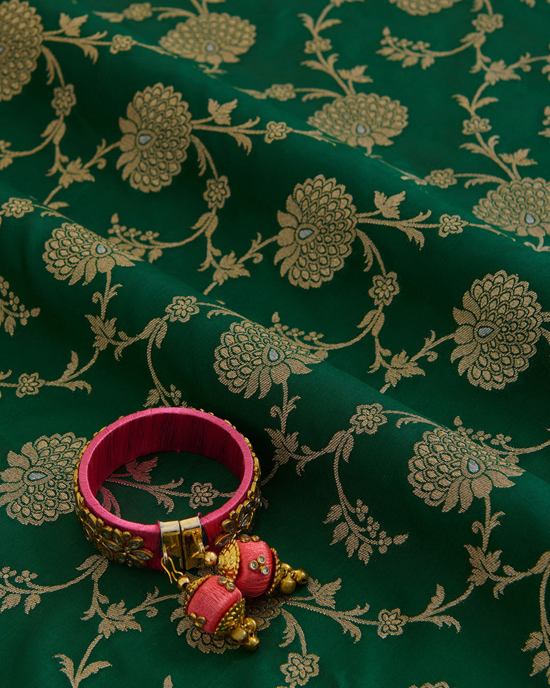 Bottle Green Brocade Gold Jaal Mina Fabric
