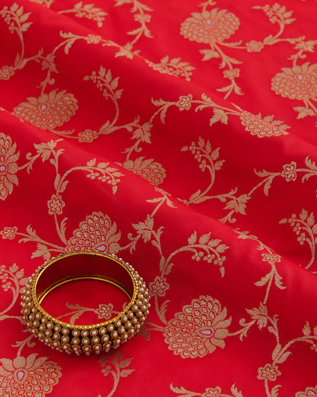 Red Brocade Gold Jaal Mina Fabric