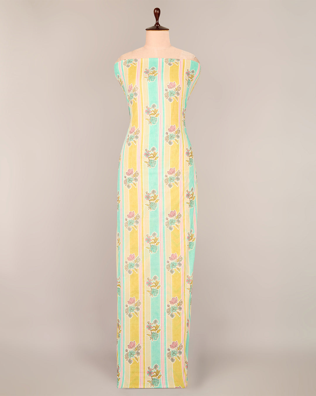 Vandana Aqua and Mustard Cotton Jaipuri Block Stripes Buta Printed Fabric