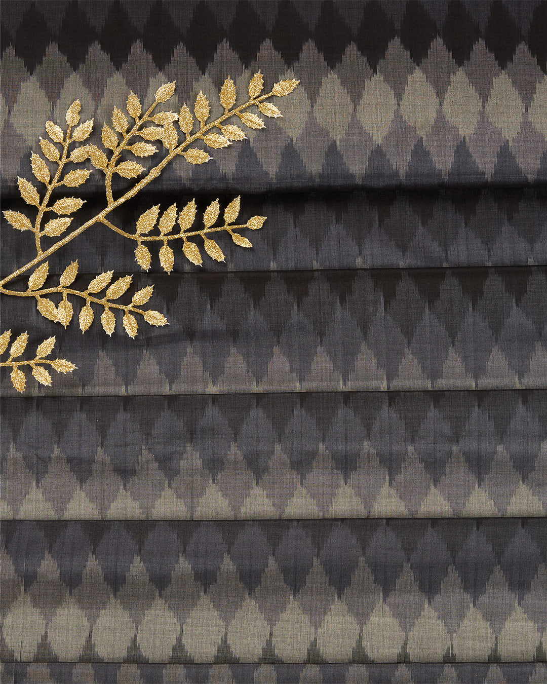 Black Cotton Silk Ikat Geometric Fabric