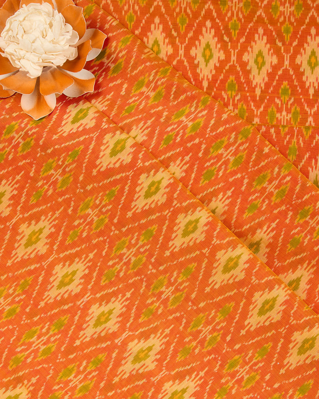 Bright Orange Cotton Silk Ikat Handcrafted Fabric