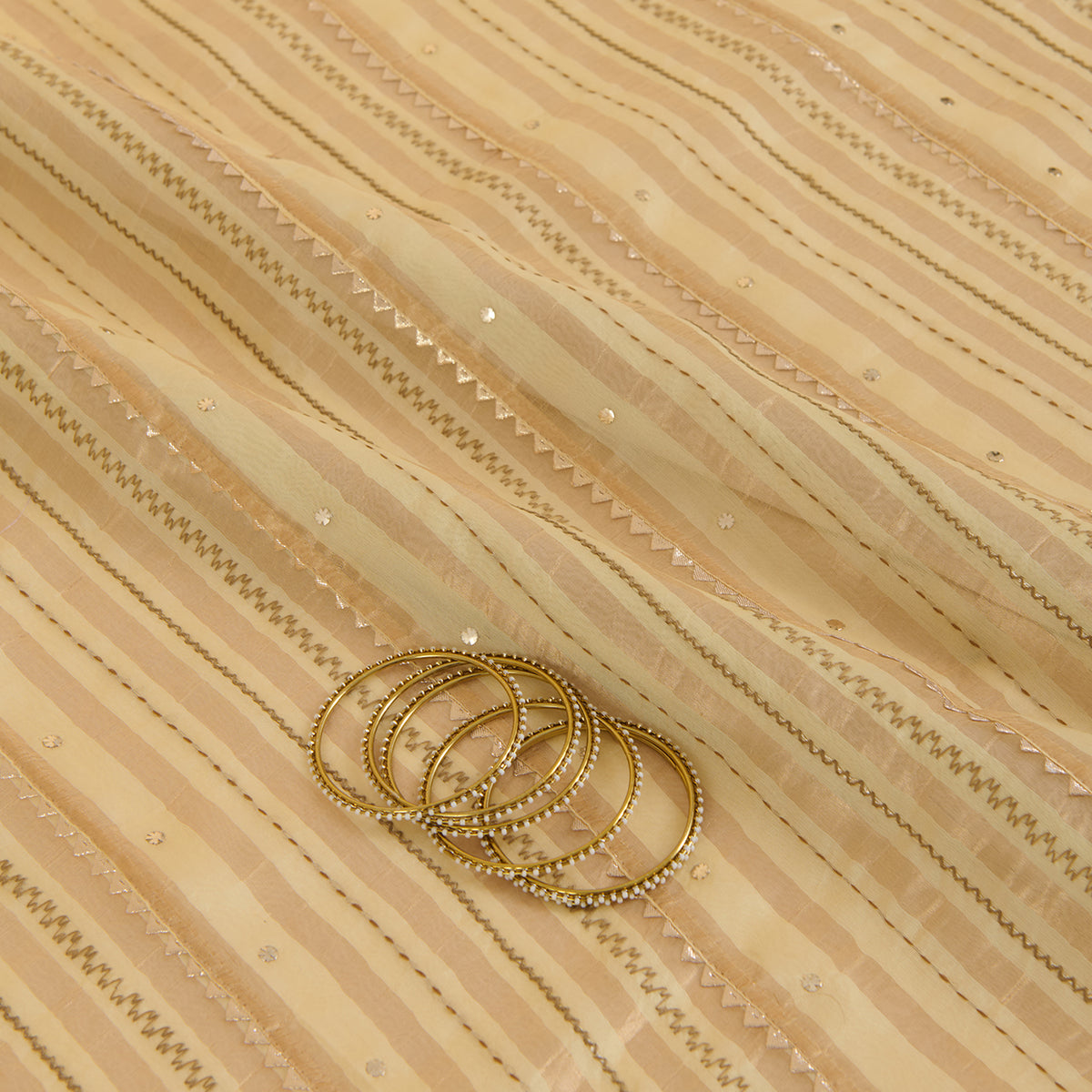 Beige Chanderi Zari Stripes Badla Gota Triangle Work Fabric