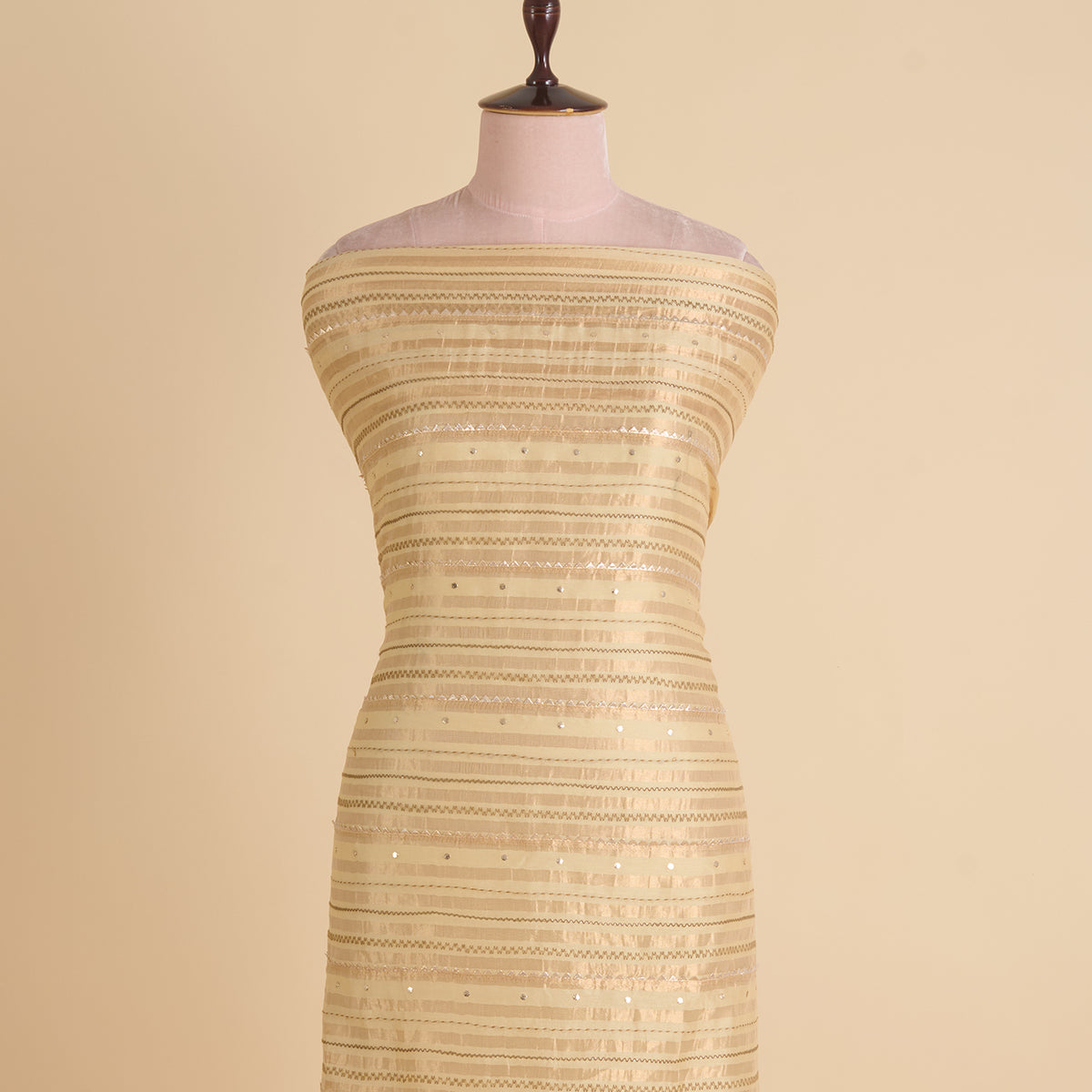 Beige Chanderi Zari Stripes Badla Gota Triangle Work Fabric