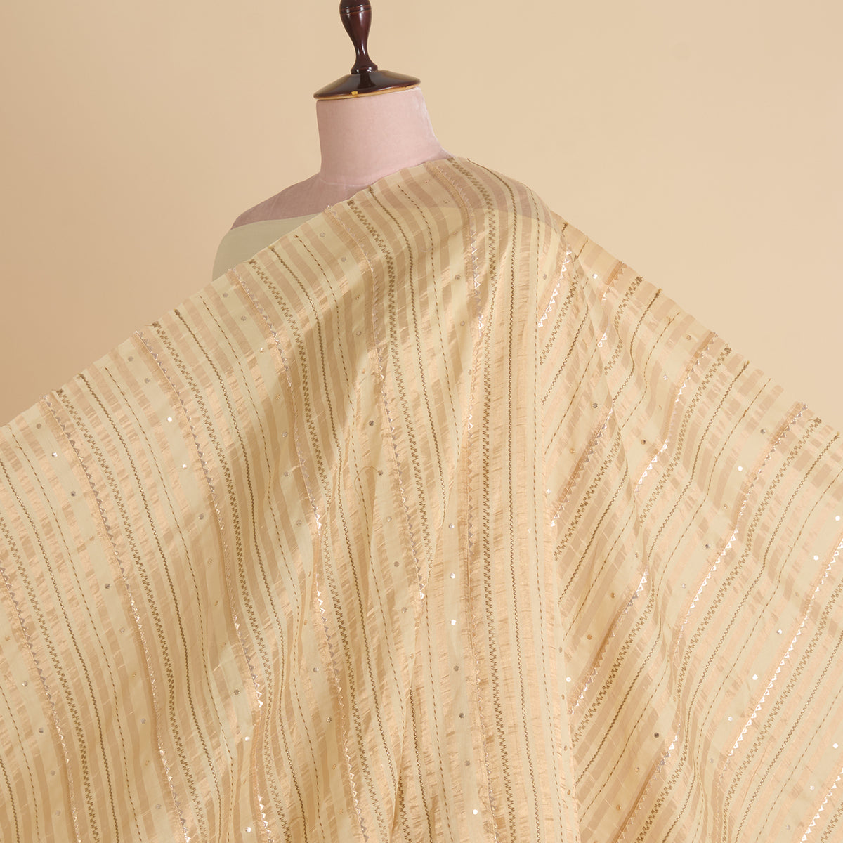 Beige Chanderi Zari Stripes Badla Gota Triangle Work Fabric
