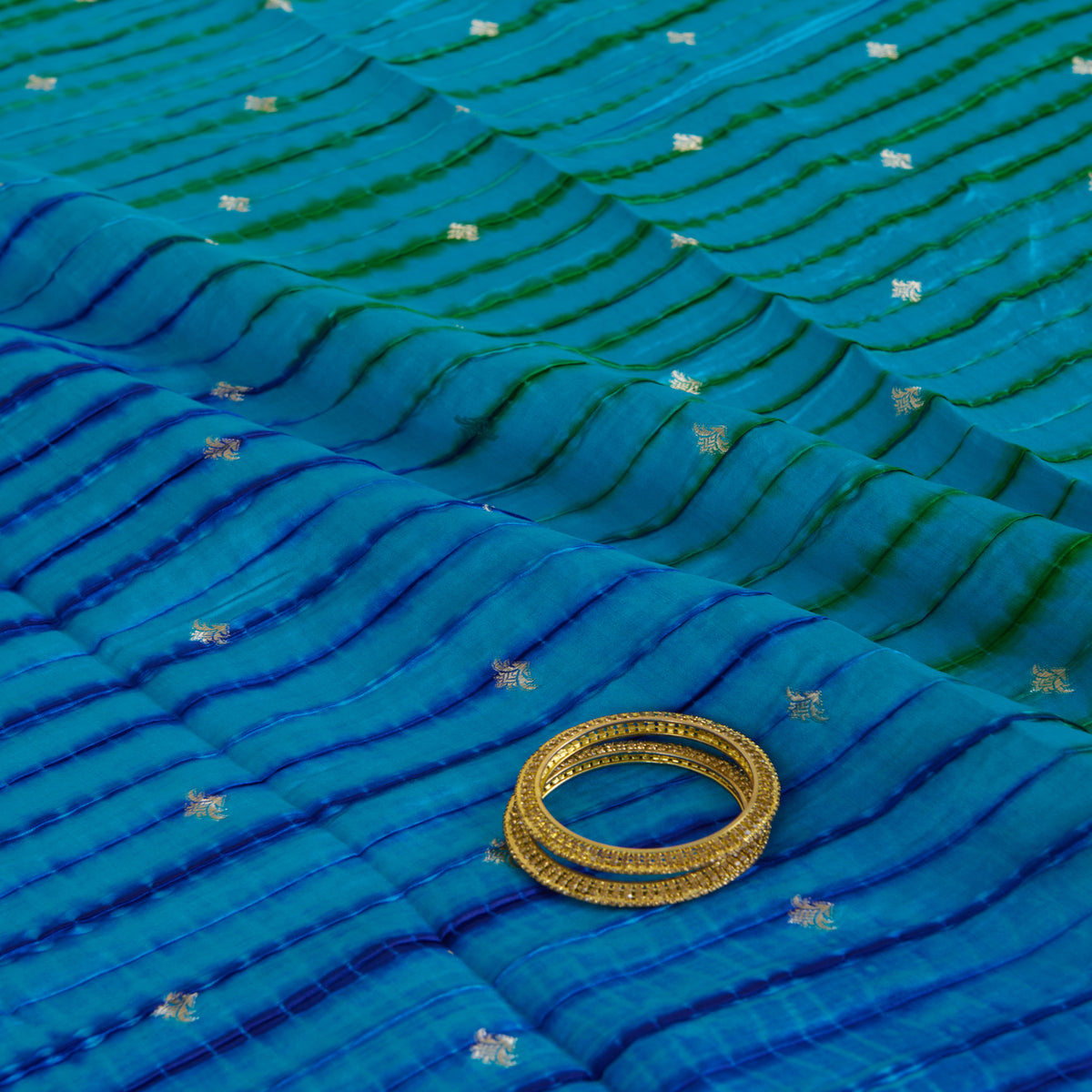 Blue Green Chiniya Tie & Dye Butta Woven Fabric