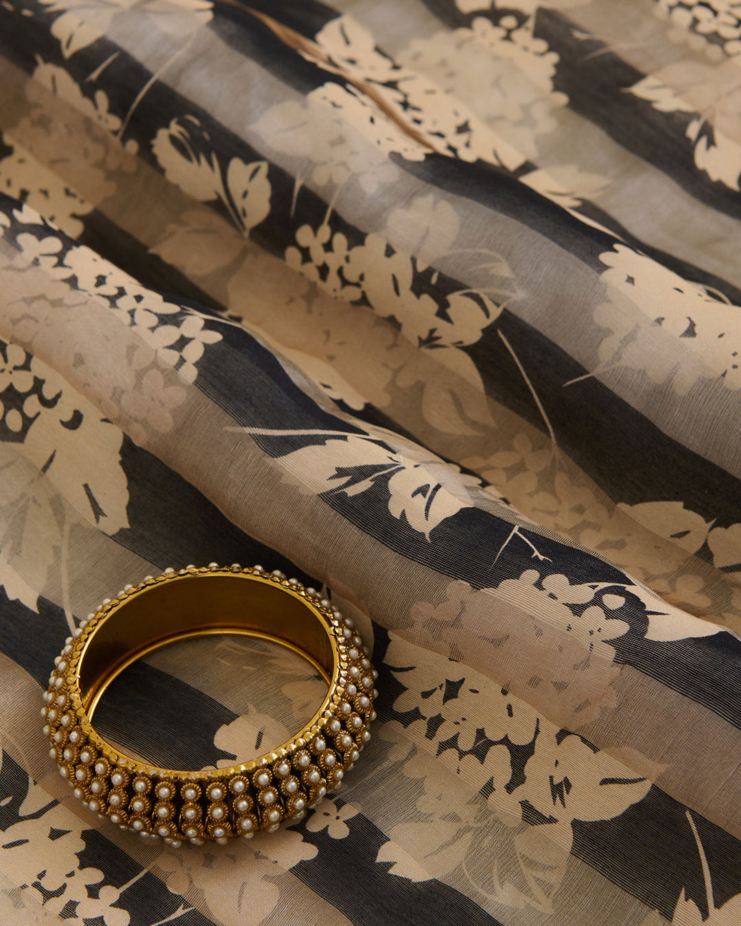 Black Chanderi Floral Printed Gold Silver Stripes Fabric