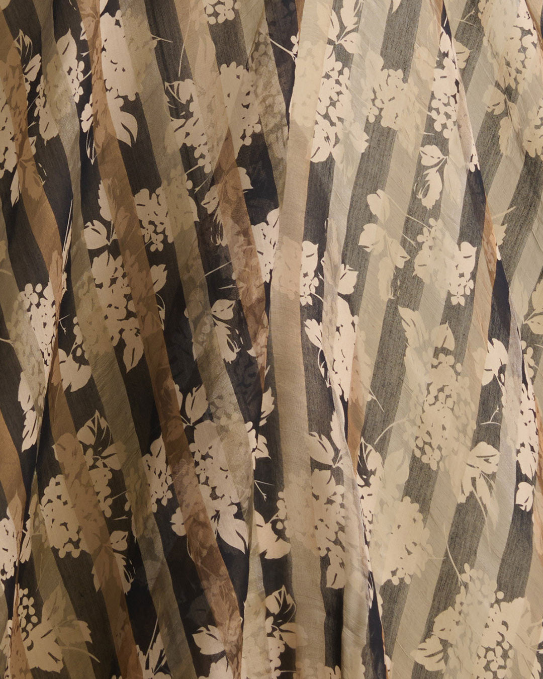 Black Chanderi Floral Printed Gold Silver Stripes Fabric