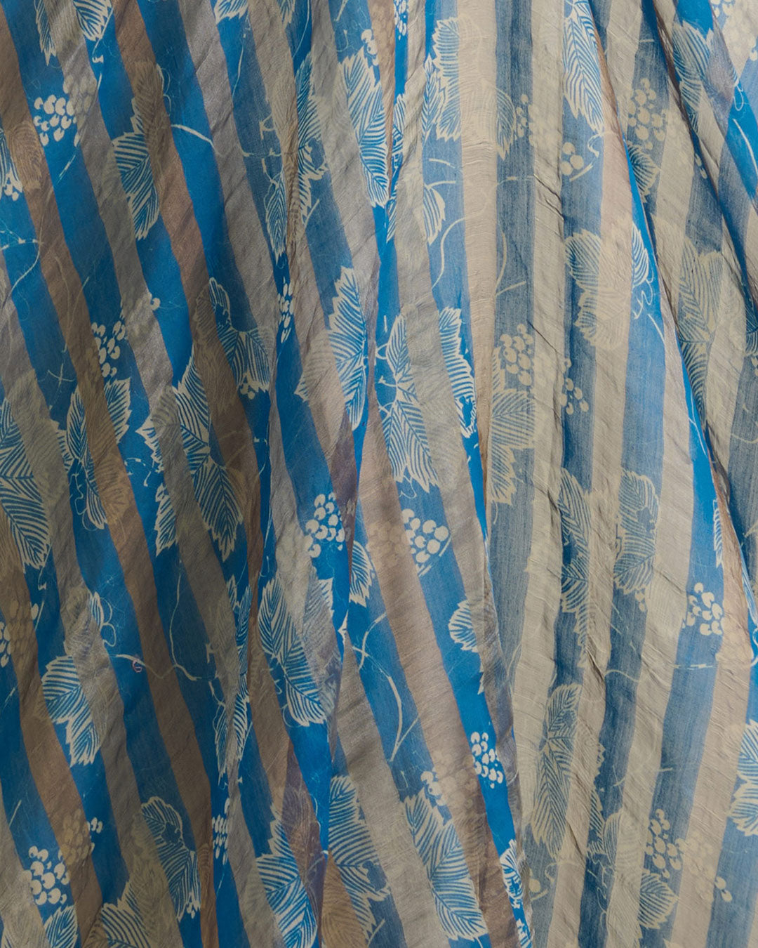 Blue Chanderi Floral Printed Gold Silver Stripe Fabric