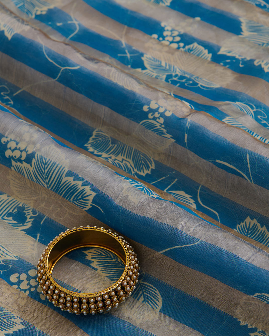 Blue Chanderi Floral Printed Gold Silver Stripe Fabric