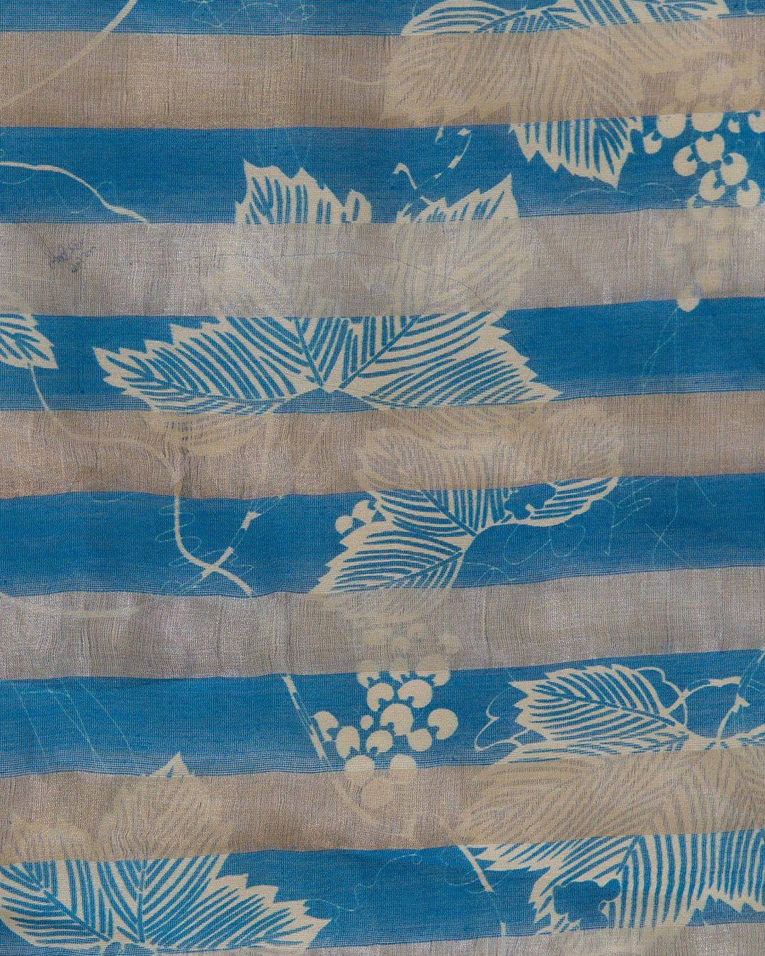 Blue Chanderi Floral Printed Gold Silver Stripe Fabric