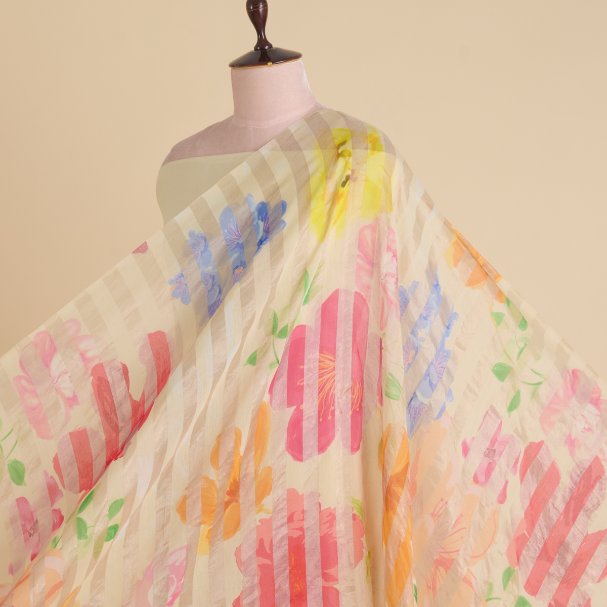 Beige Chanderi Printed Fabric with Tissue Stripes