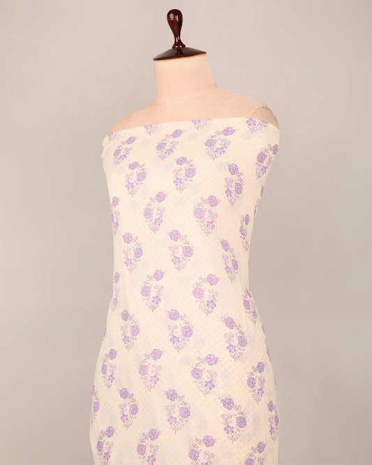 Cream & Purple Cotton Jaipuri Block Buta Printed Fabric