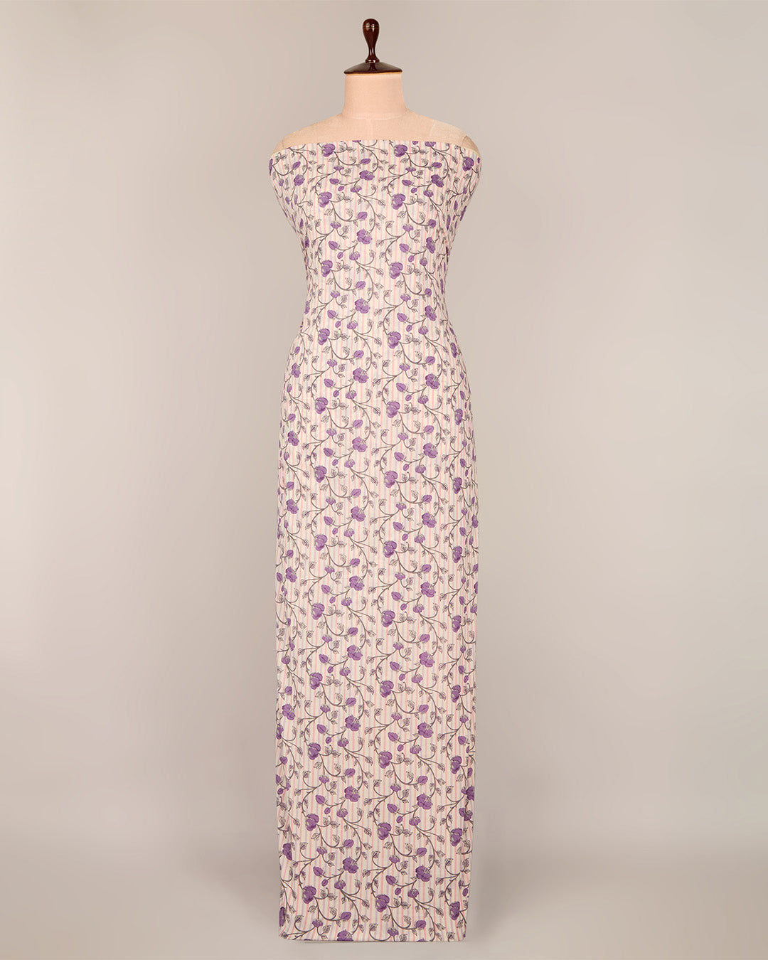 Cream & Purple Cotton Jaipuri Block Stripes Jaal Printed Fabric