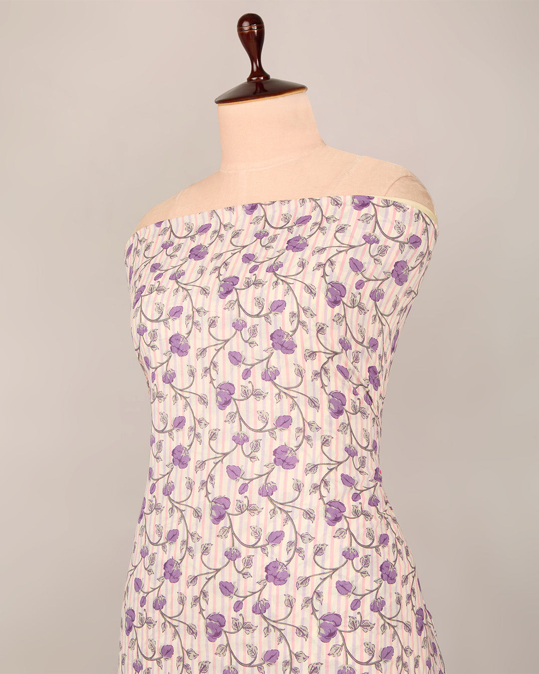 Cream & Purple Cotton Jaipuri Block Stripes Jaal Printed Fabric